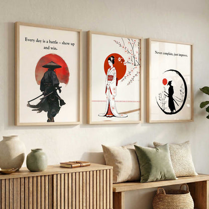 Japanese Samurai Motivational Quotes Wall Art Set of 3 Framed Prints for Gym Room