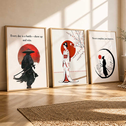 Japanese Samurai Motivational Quotes Wall Art Set of 3 Framed Prints for Gym Room
