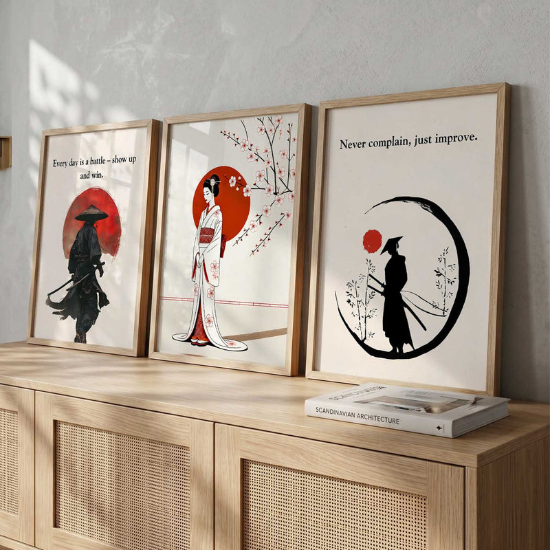 Japanese Samurai Motivational Quotes Wall Art Set of 3 Framed Prints for Gym Room