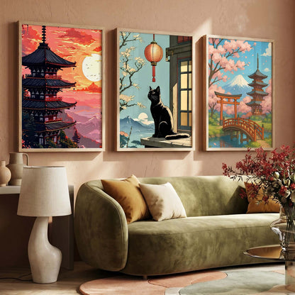 Aesthetic Japanese Nature and City View Wall Art Paintings for Living Room Bedroom