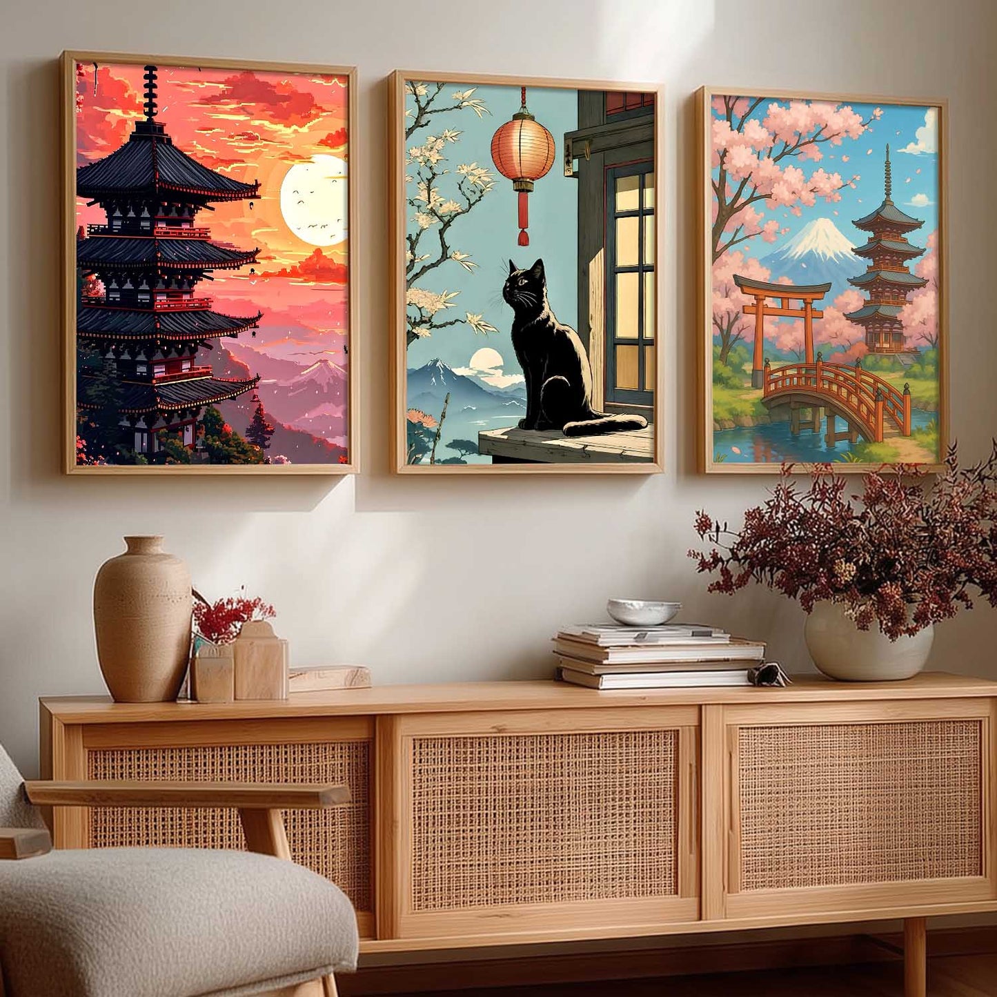 Aesthetic Japanese Nature and City View Wall Art Paintings for Living Room Bedroom