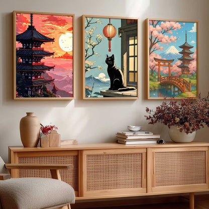 Aesthetic Japanese Nature and City View Wall Art Paintings for Living Room Bedroom