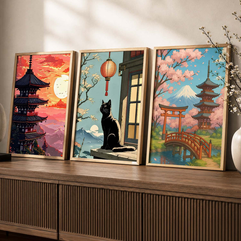 Aesthetic Japanese Nature and City View Wall Art Paintings for Living Room Bedroom