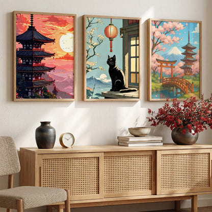 Aesthetic Japanese Nature and City View Wall Art Paintings for Living Room Bedroom