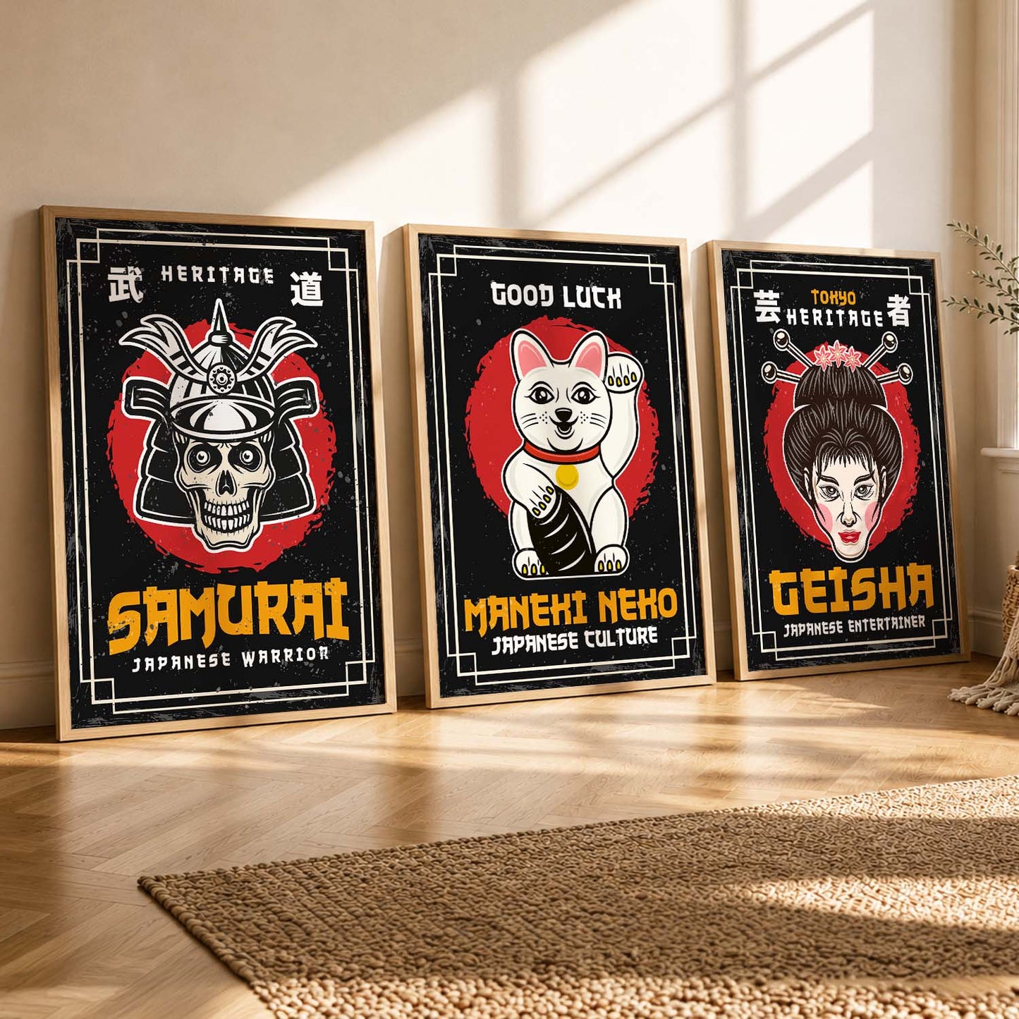 Japanese Samurai Motivational Quotes Wall Art Set of 3 Framed Prints for Home Gym