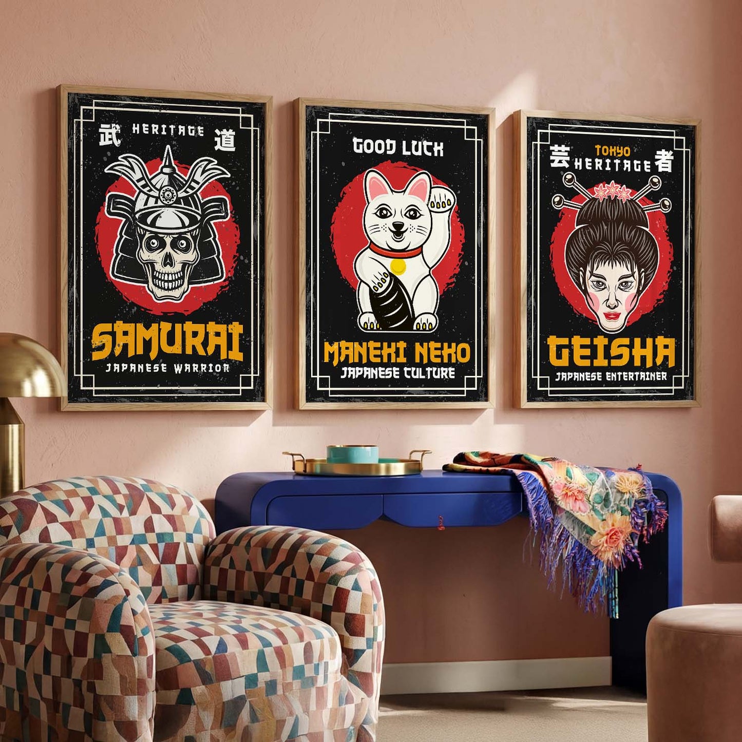 Japanese Samurai Motivational Quotes Wall Art Set of 3 Framed Prints for Home Gym