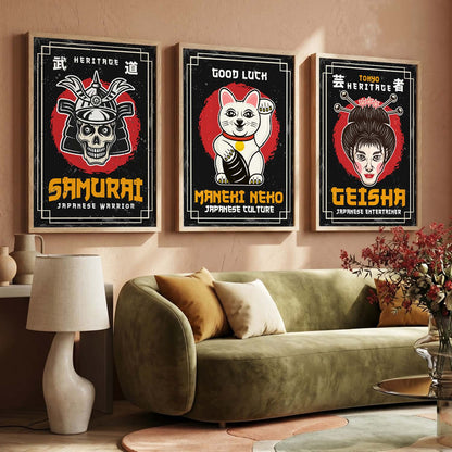 Japanese Samurai Motivational Quotes Wall Art Set of 3 Framed Prints for Home Gym