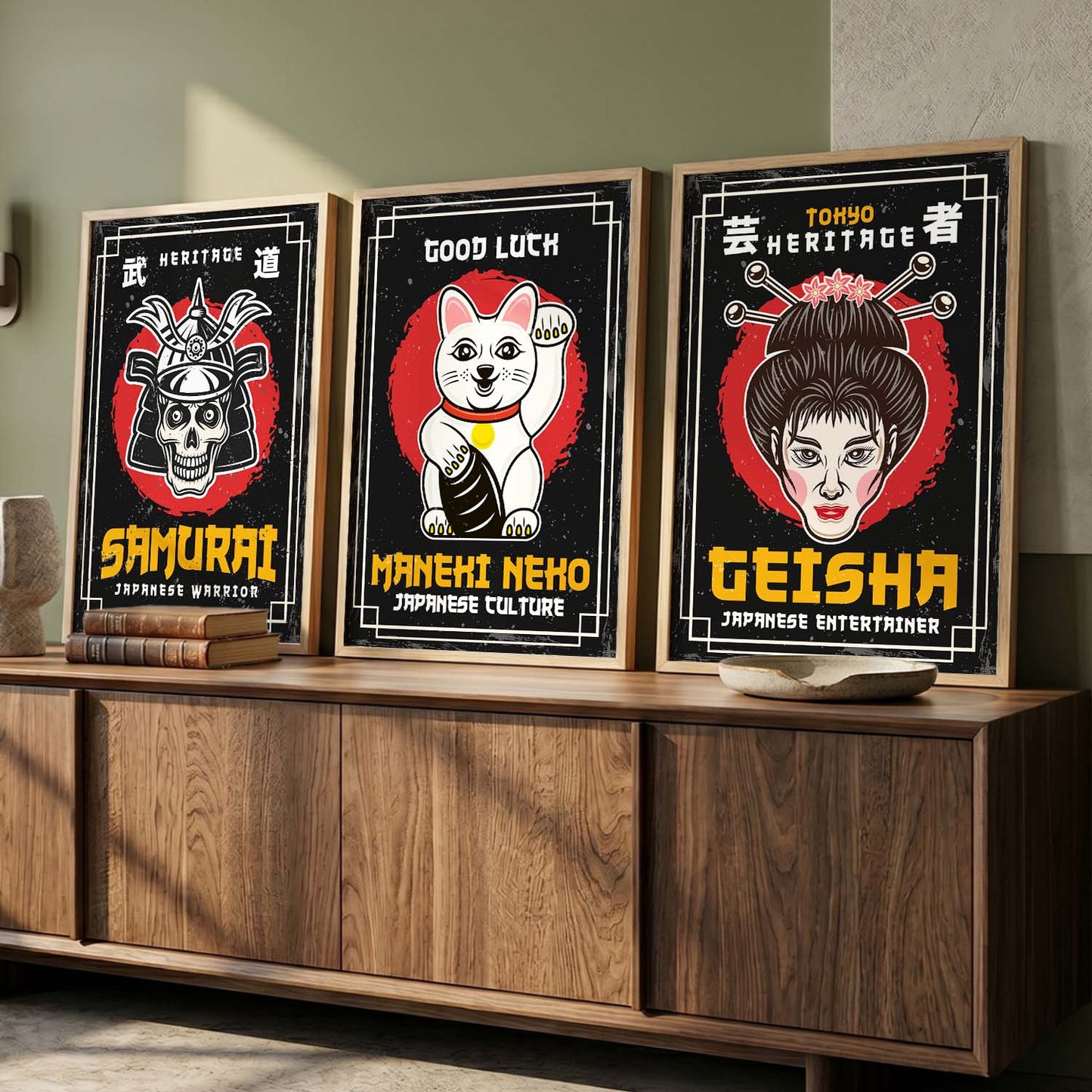 Japanese Samurai Motivational Quotes Wall Art Set of 3 Framed Prints for Home Gym