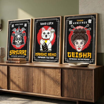 Japanese Samurai Motivational Quotes Wall Art Set of 3 Framed Prints for Home Gym
