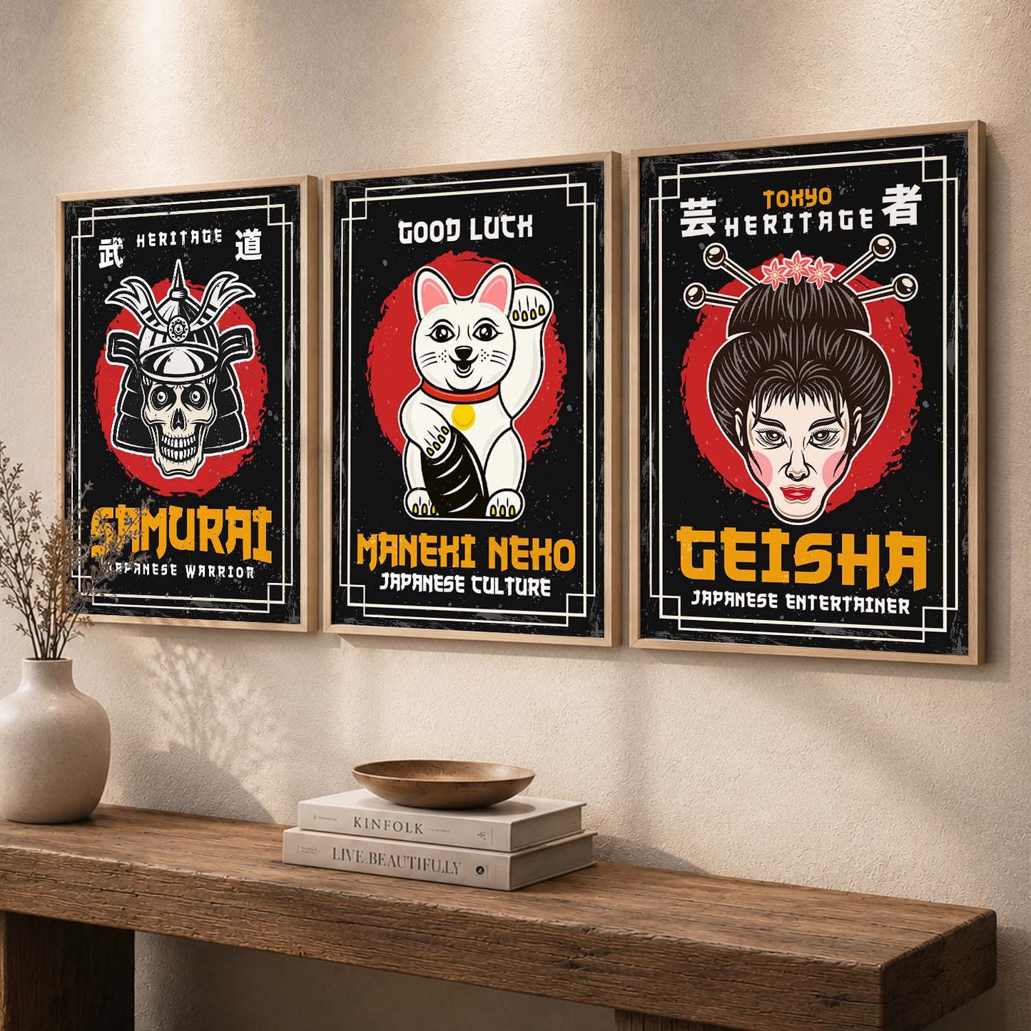 Japanese Samurai Motivational Quotes Wall Art Set of 3 Framed Prints for Home Gym