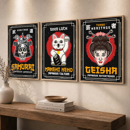 Japanese Samurai Motivational Quotes Wall Art Set of 3 Framed Prints for Home Gym