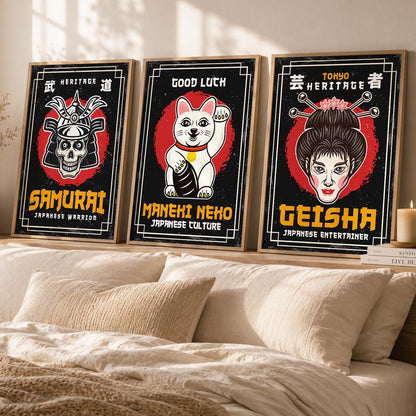Japanese Samurai Motivational Quotes Wall Art Set of 3 Framed Prints for Home Gym