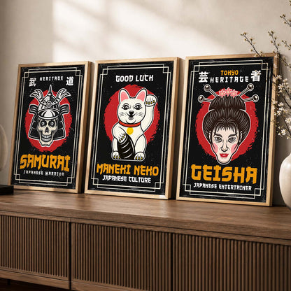 Japanese Samurai Motivational Quotes Wall Art Set of 3 Framed Prints for Home Gym