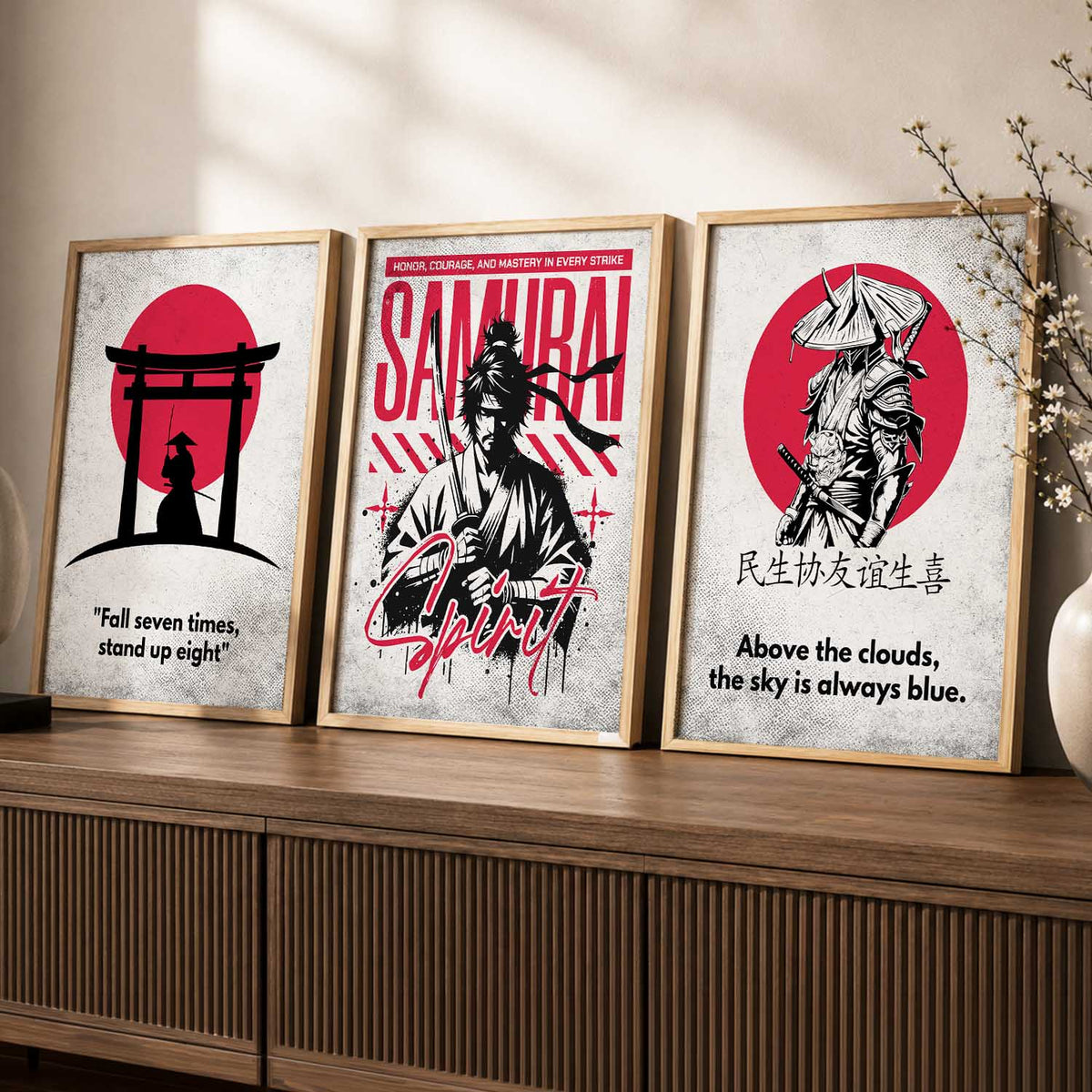 Japanese Samurai Motivational Quotes Wall Art Set of 3 Framed Prints for Hallway