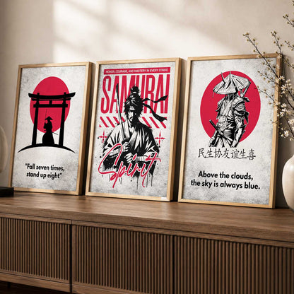 Japanese Samurai Motivational Quotes Wall Art Set of 3 Framed Prints for Hallway