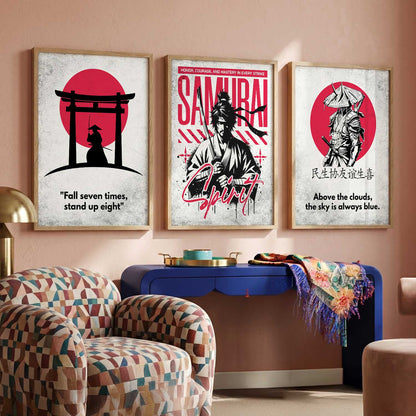 Japanese Samurai Motivational Quotes Wall Art Set of 3 Framed Prints for Hallway