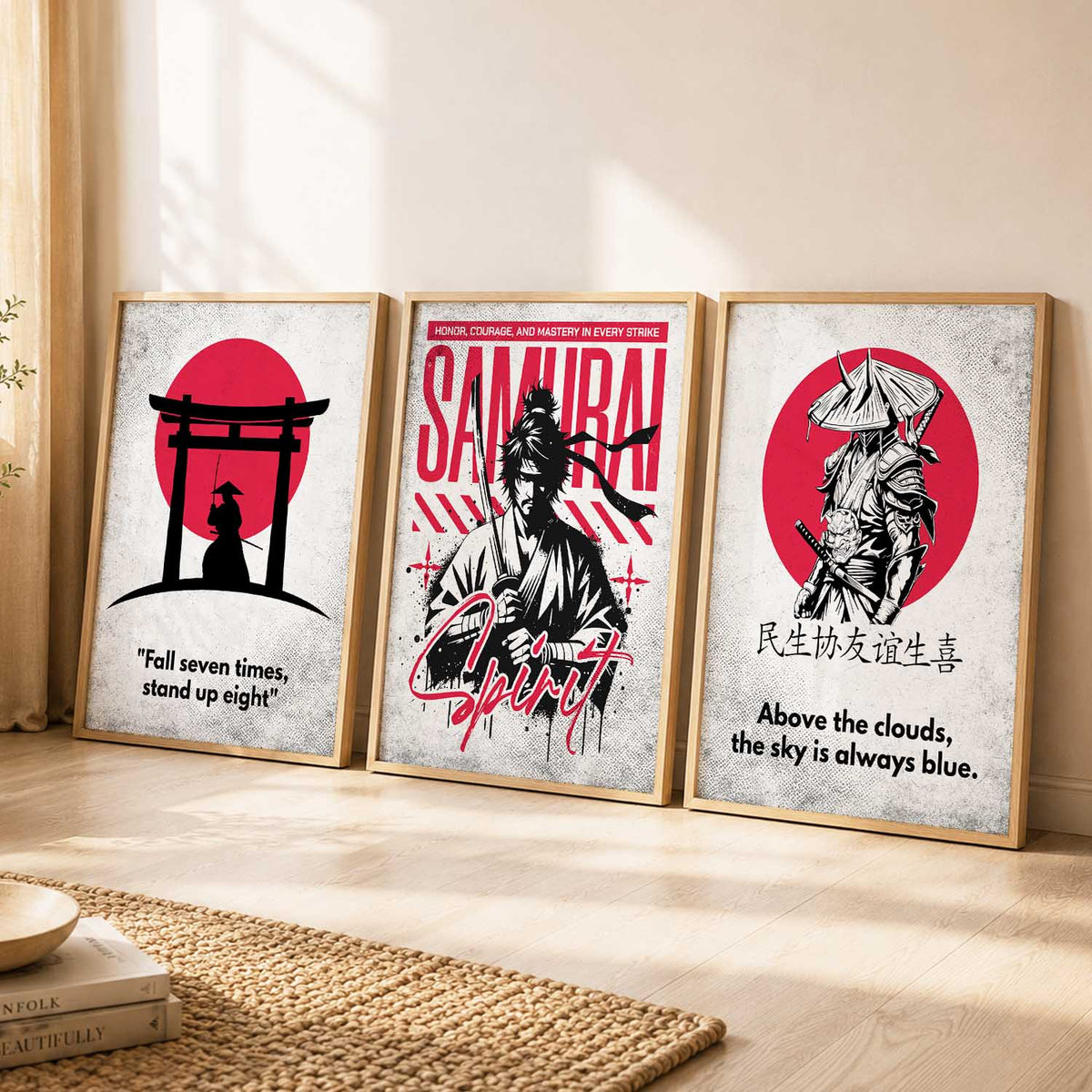 Japanese Samurai Motivational Quotes Wall Art Set of 3 Framed Prints for Hallway
