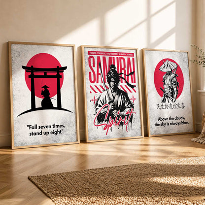 Japanese Samurai Motivational Quotes Wall Art Set of 3 Framed Prints for Hallway