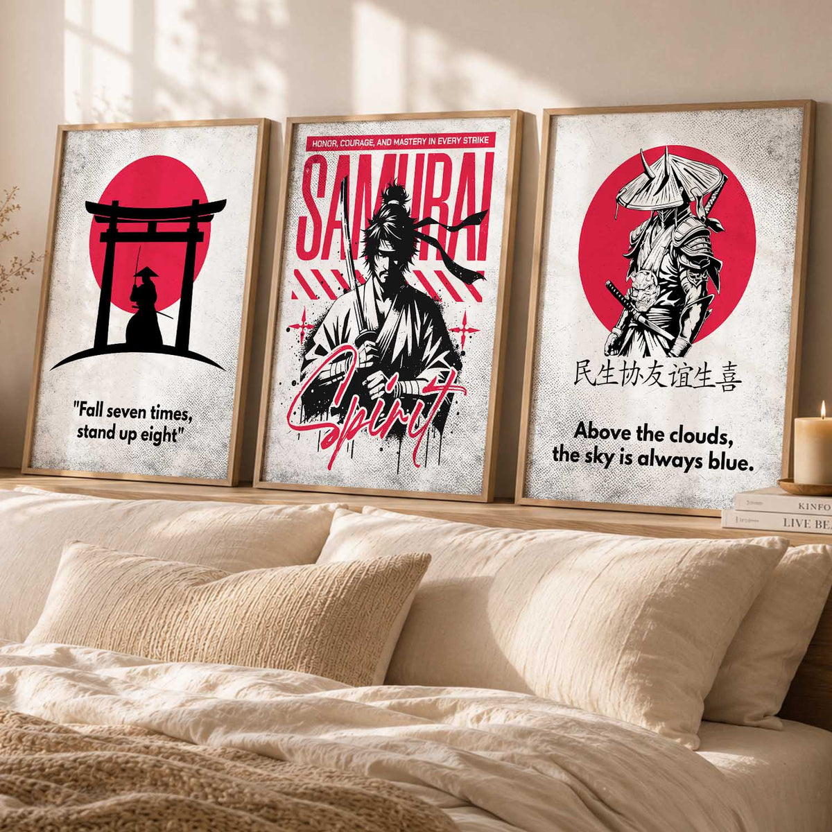 Japanese Samurai Motivational Quotes Wall Art Set of 3 Framed Prints for Hallway