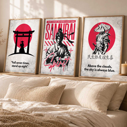 Japanese Samurai Motivational Quotes Wall Art Set of 3 Framed Prints for Hallway