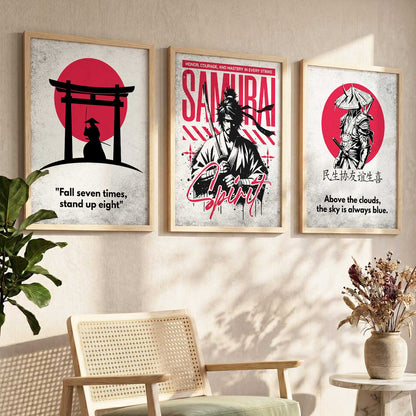 Japanese Samurai Motivational Quotes Wall Art Set of 3 Framed Prints for Hallway