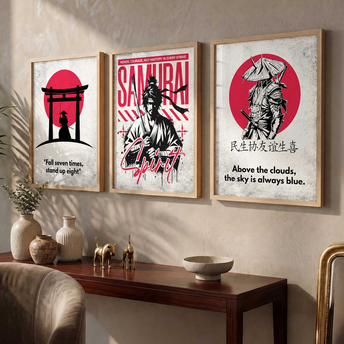 Japanese Samurai Motivational Quotes Wall Art Set of 3 Framed Prints for Hallway