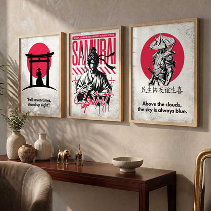 Japanese Samurai Motivational Quotes Wall Art Set of 3 Framed Prints for Hallway