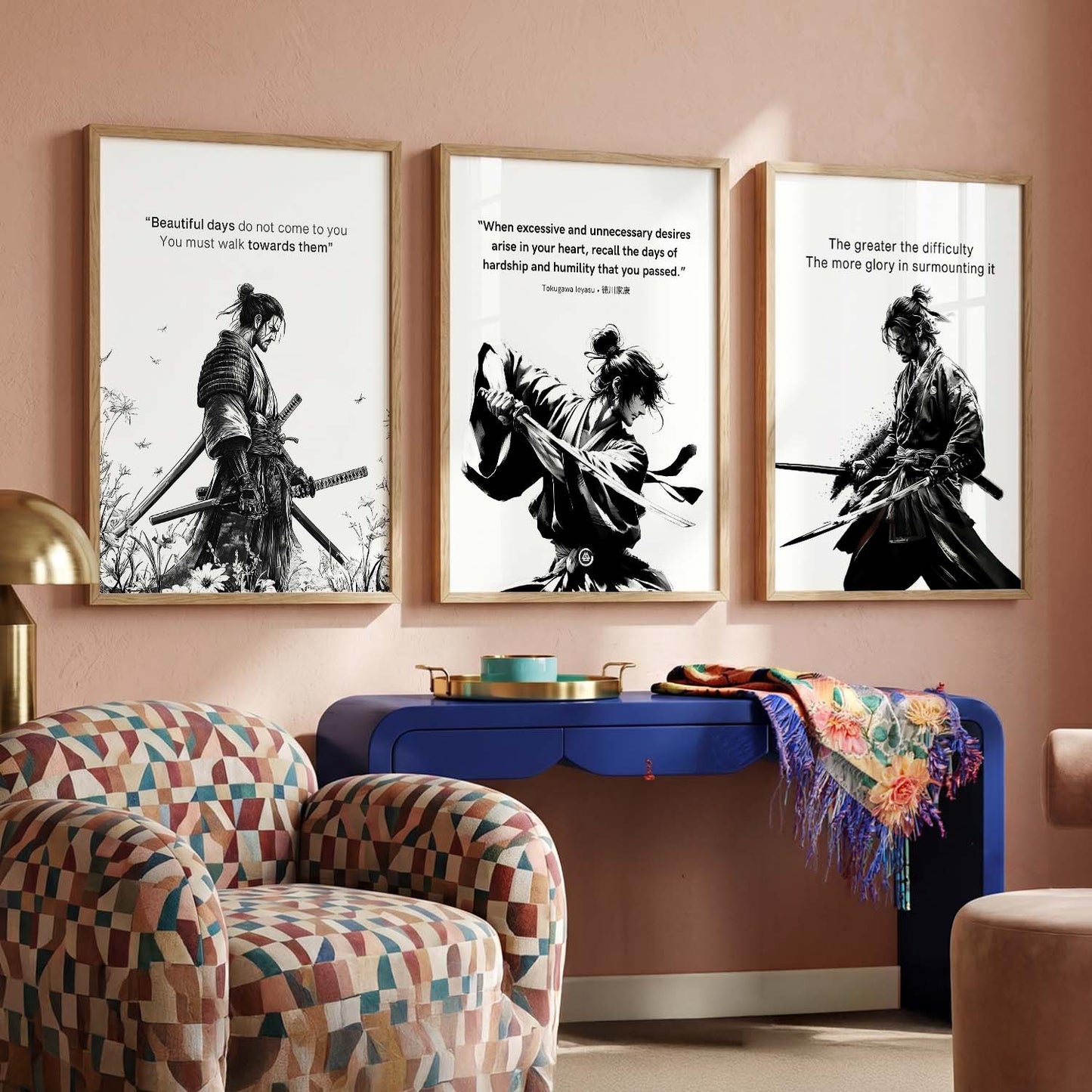 Japanese Samurai Motivational Quotes Wall Art Set of 3 Framed Prints for Entryway