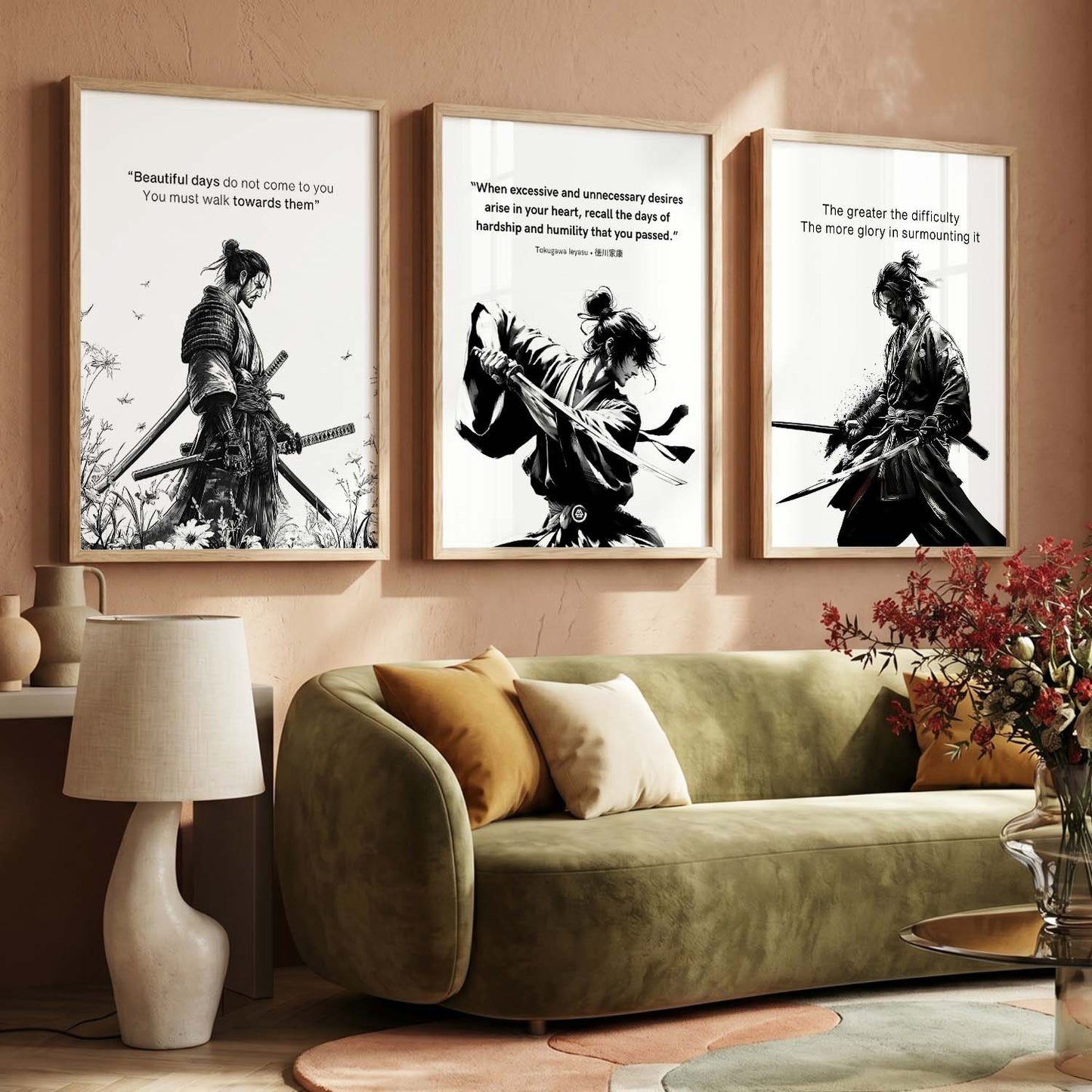 Japanese Samurai Motivational Quotes Wall Art Set of 3 Framed Prints for Entryway