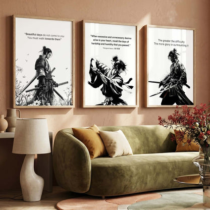 Japanese Samurai Motivational Quotes Wall Art Set of 3 Framed Prints for Entryway