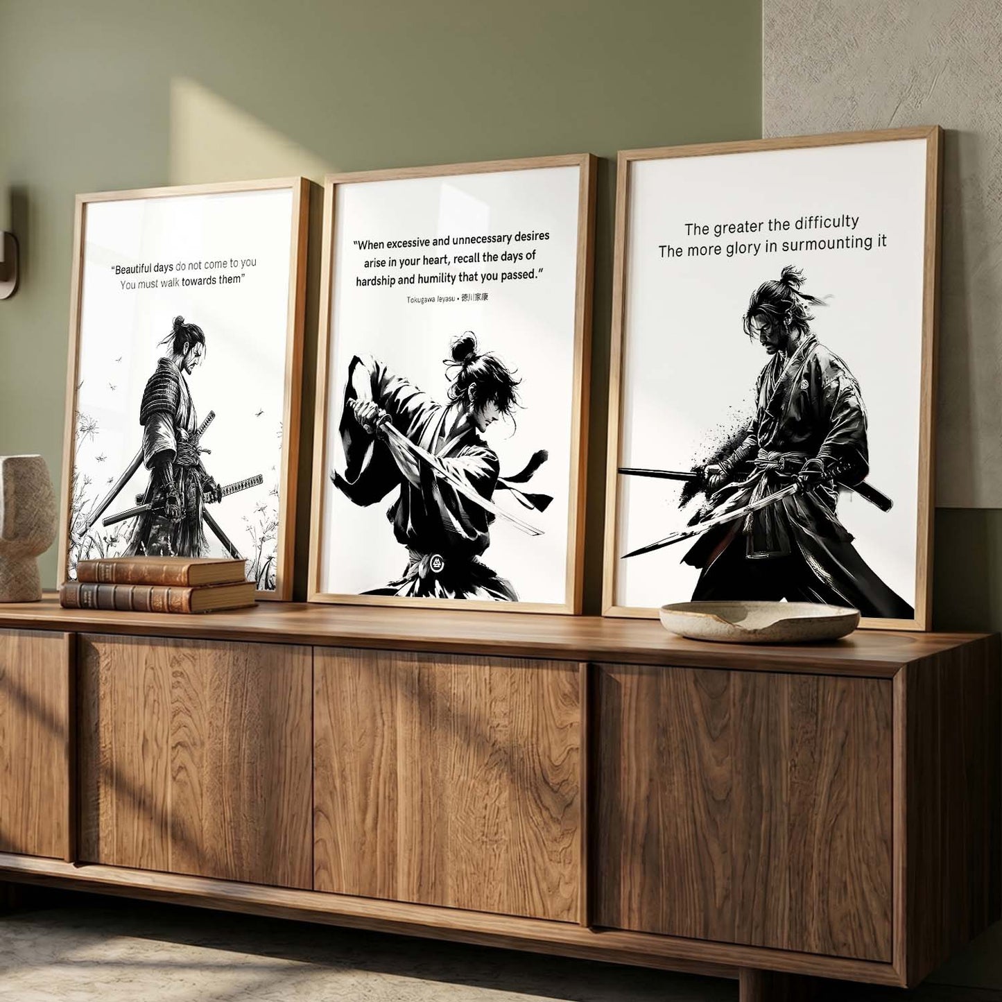 Japanese Samurai Motivational Quotes Wall Art Set of 3 Framed Prints for Entryway