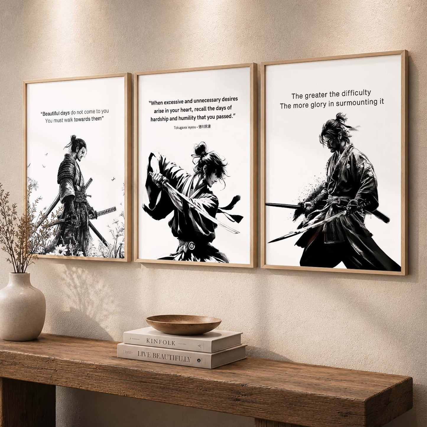 Japanese Samurai Motivational Quotes Wall Art Set of 3 Framed Prints for Entryway