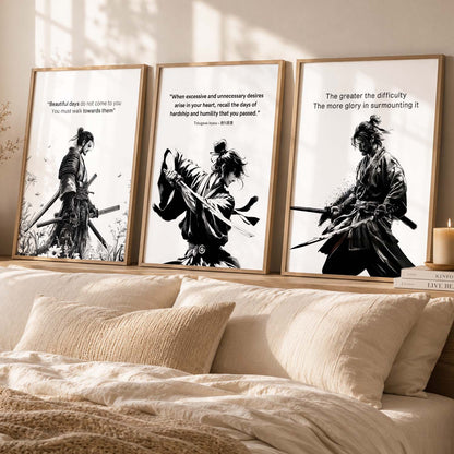 Japanese Samurai Motivational Quotes Wall Art Set of 3 Framed Prints for Entryway