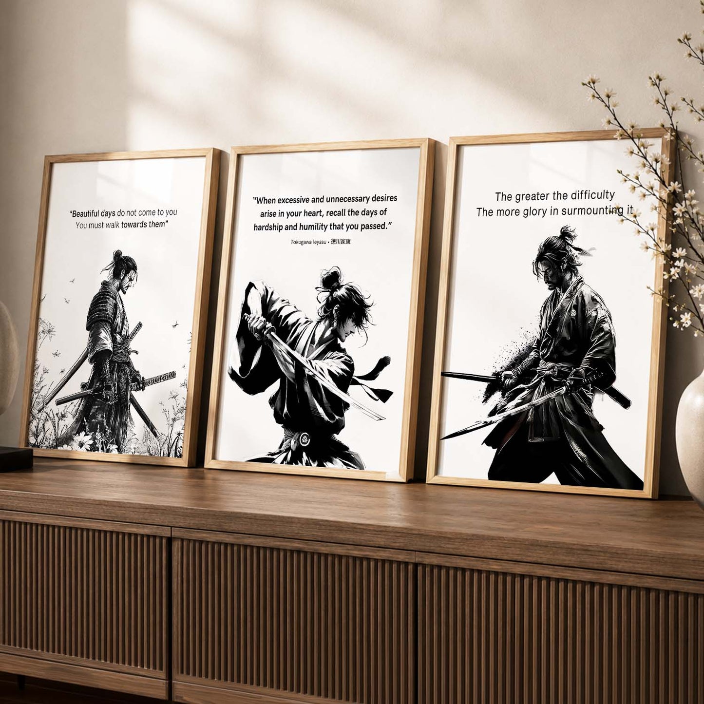 Japanese Samurai Motivational Quotes Wall Art Set of 3 Framed Prints for Entryway