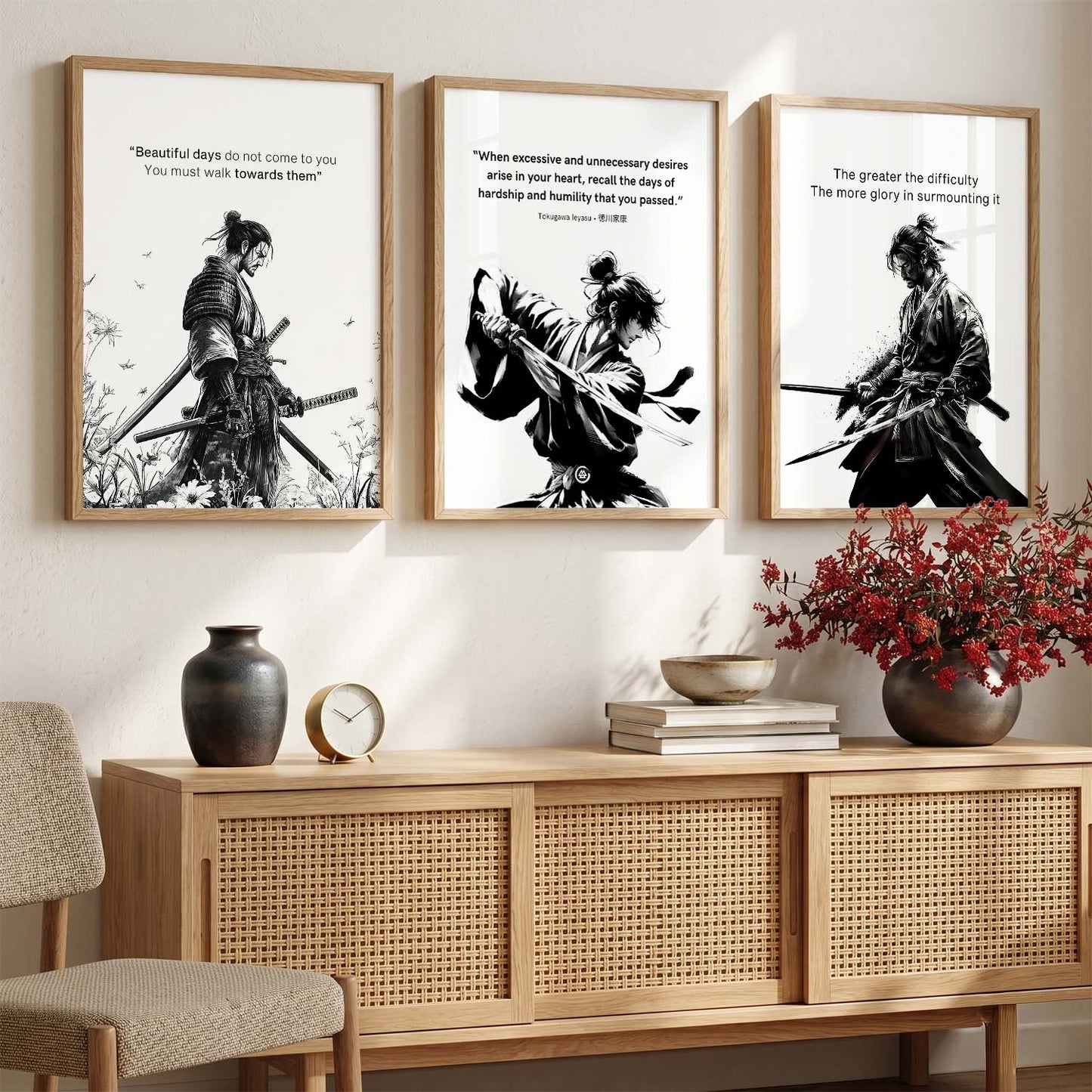 Japanese Samurai Motivational Quotes Wall Art Set of 3 Framed Prints for Entryway