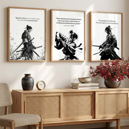 Japanese Samurai Motivational Quotes Wall Art Set of 3 Framed Prints for Entryway