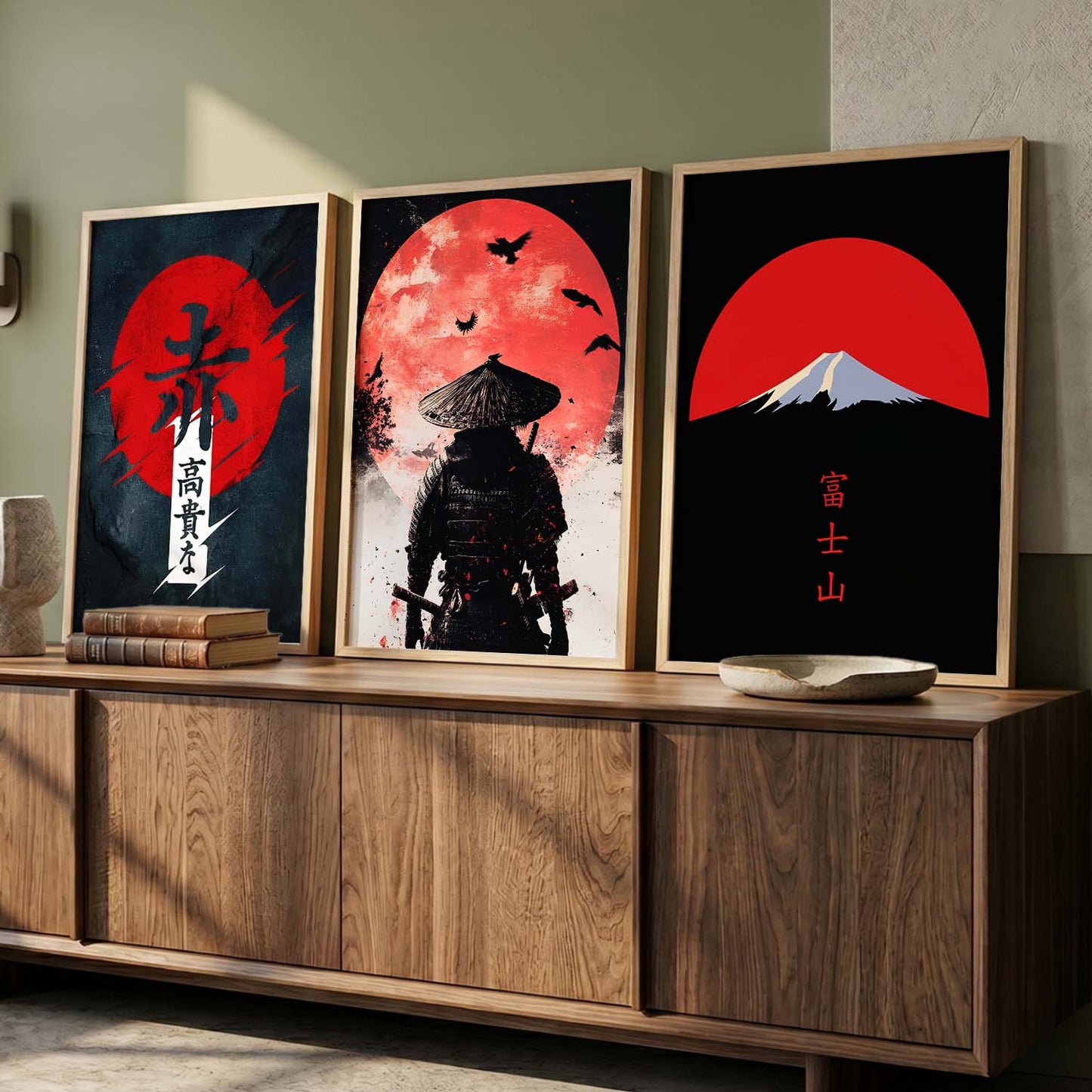 Japanese Samurai Motivational Quotes Wall Art Set of 3 Framed Prints for Study Room