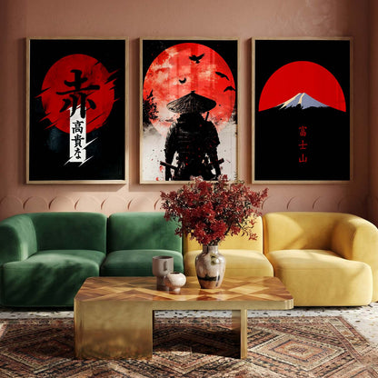 Japanese Samurai Motivational Quotes Wall Art Set of 3 Framed Prints for Study Room