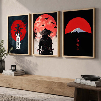 Japanese Samurai Motivational Quotes Wall Art Set of 3 Framed Prints for Study Room