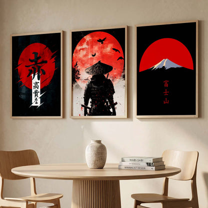 Japanese Samurai Motivational Quotes Wall Art Set of 3 Framed Prints for Study Room
