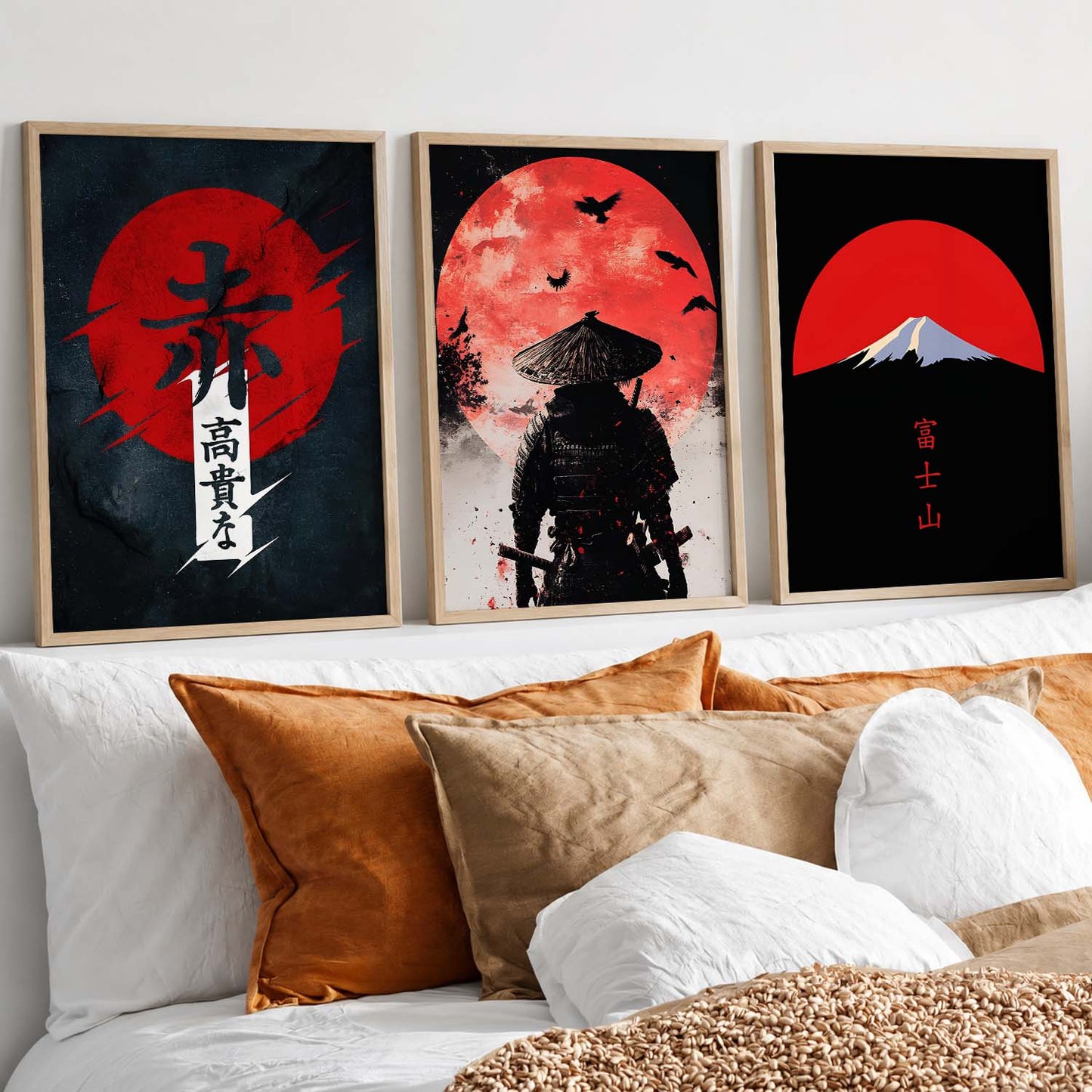 Japanese Samurai Motivational Quotes Wall Art Set of 3 Framed Prints for Study Room
