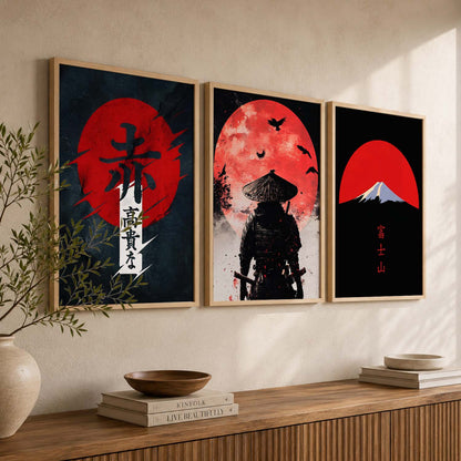 Japanese Samurai Motivational Quotes Wall Art Set of 3 Framed Prints for Study Room