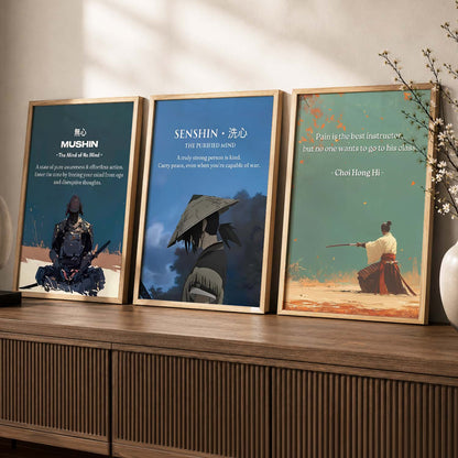Japanese Samurai Motivational Quotes Wall Art Set of 3 Framed Prints for Office