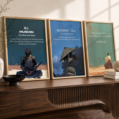 Japanese Samurai Motivational Quotes Wall Art Set of 3 Framed Prints for Office