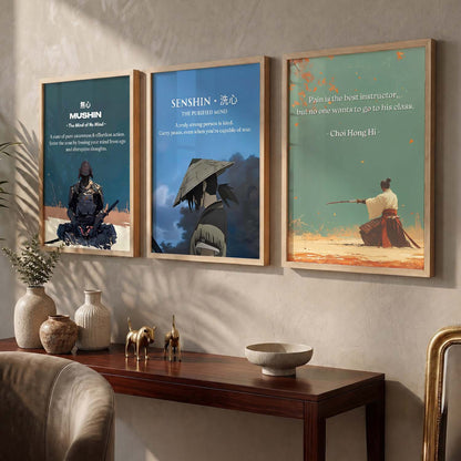 Japanese Samurai Motivational Quotes Wall Art Set of 3 Framed Prints for Office