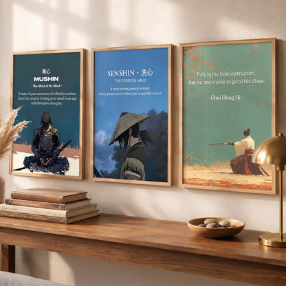 Japanese Samurai Motivational Quotes Wall Art Set of 3 Framed Prints for Office