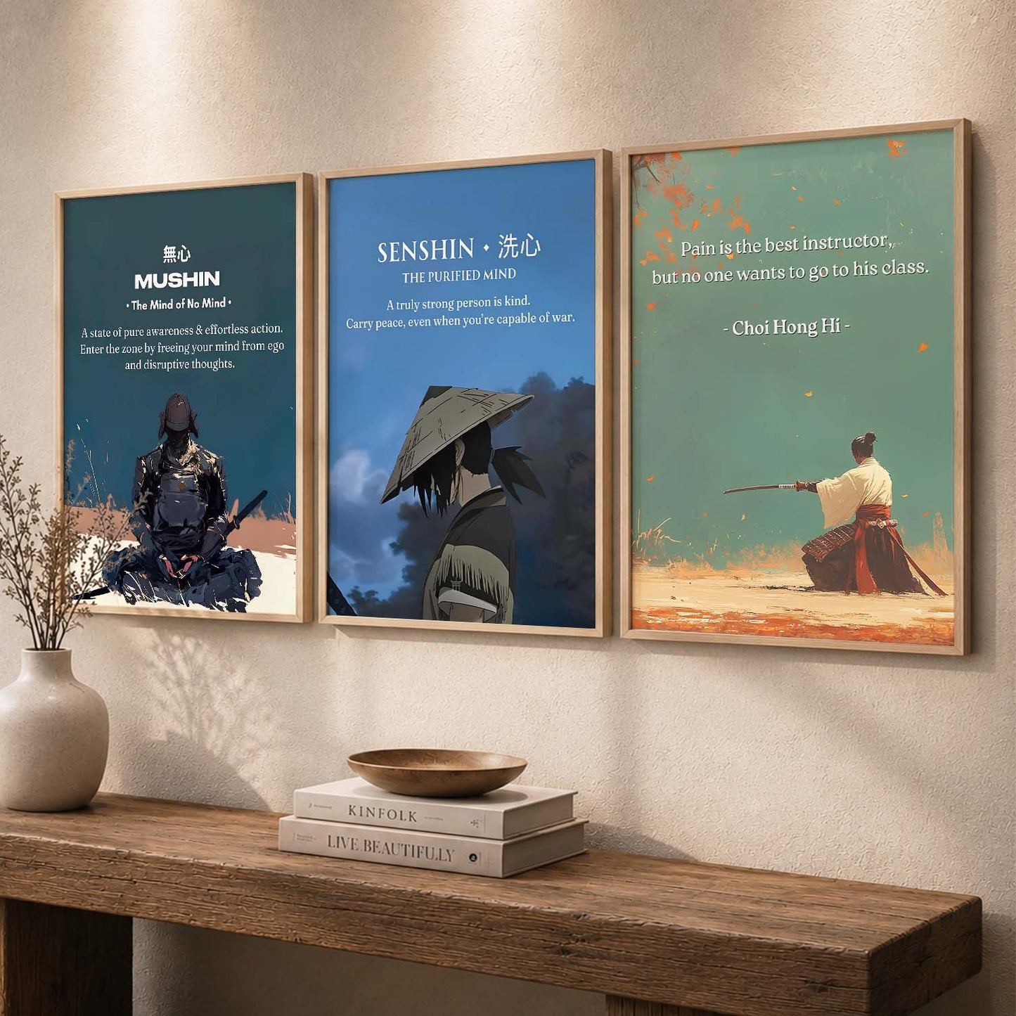 Japanese Samurai Motivational Quotes Wall Art Set of 3 Framed Prints for Office