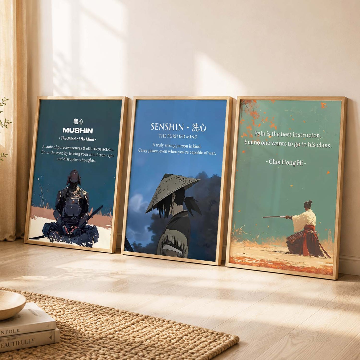 Japanese Samurai Motivational Quotes Wall Art Set of 3 Framed Prints for Office