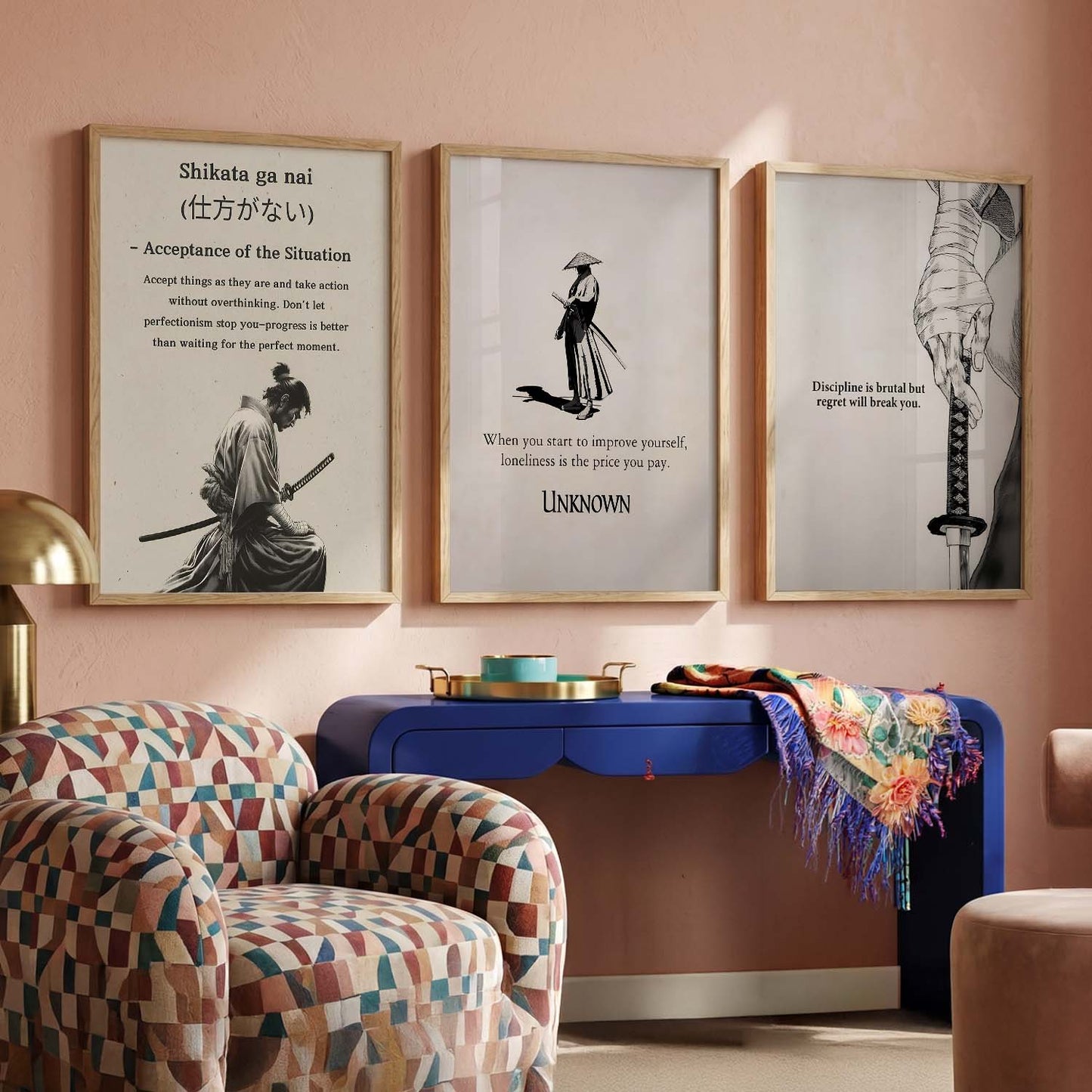 Japanese Samurai Motivational Quotes - Aesthetic Design Wall Art Set of 3 Framed Prints
