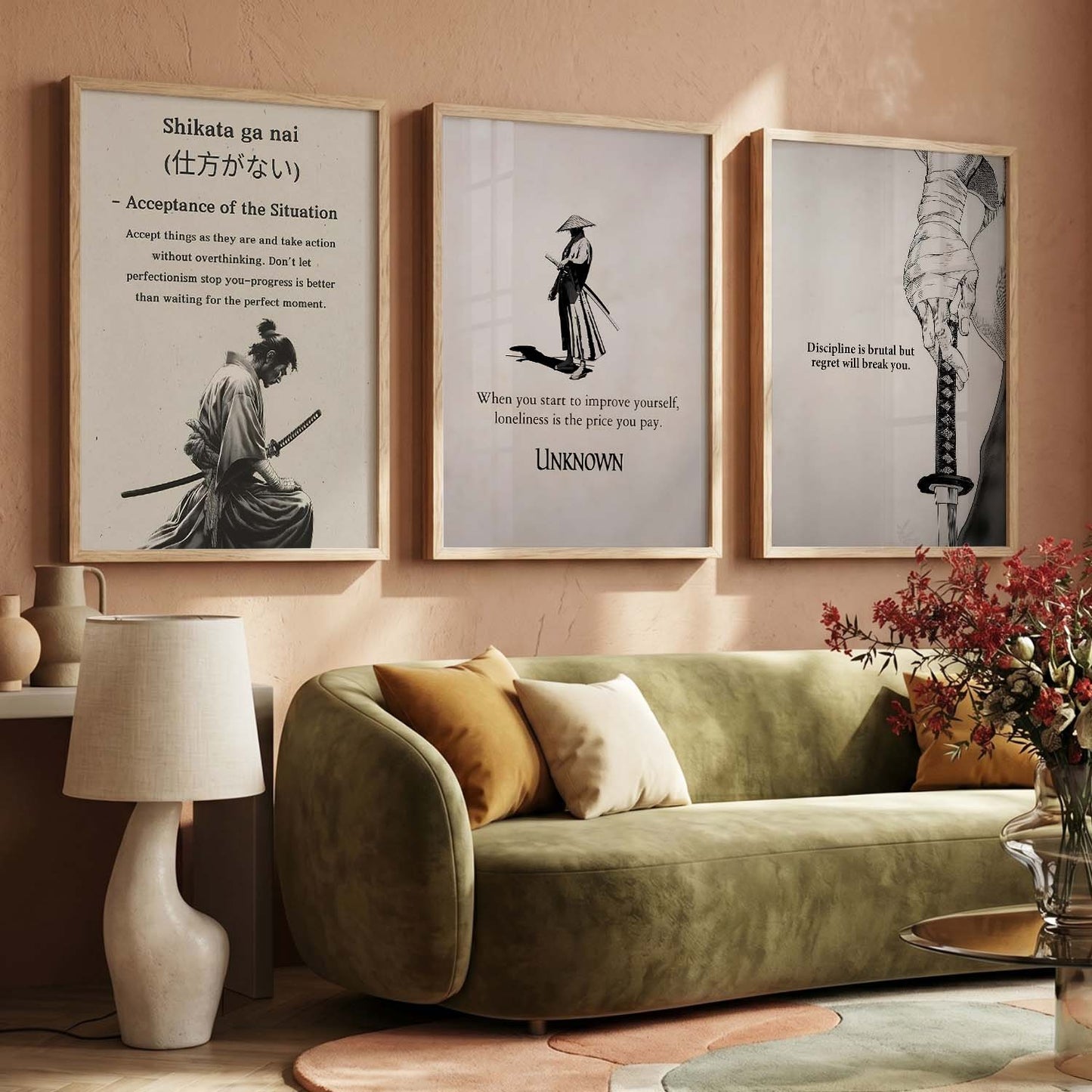 Japanese Samurai Motivational Quotes - Aesthetic Design Wall Art Set of 3 Framed Prints